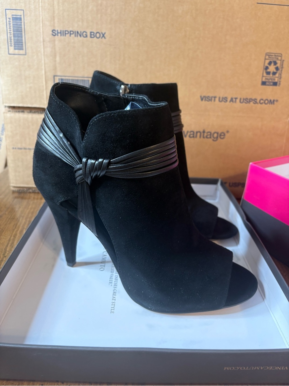 Vince Camuto Black Suede Peep-Toe Ankle Booties with Knotted Strap 8.5 NIB